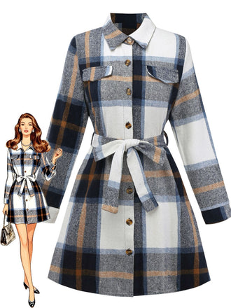 Multicolor 1960s Plaid Belted Shirt Dress