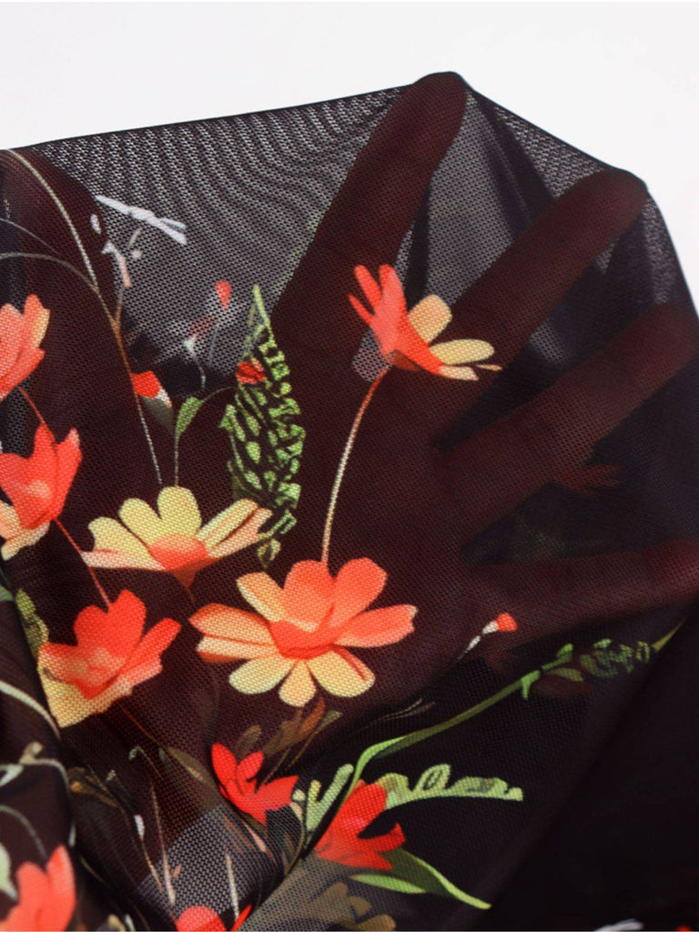 Black 1930s Floral Mesh Ruffle Maxi Dress