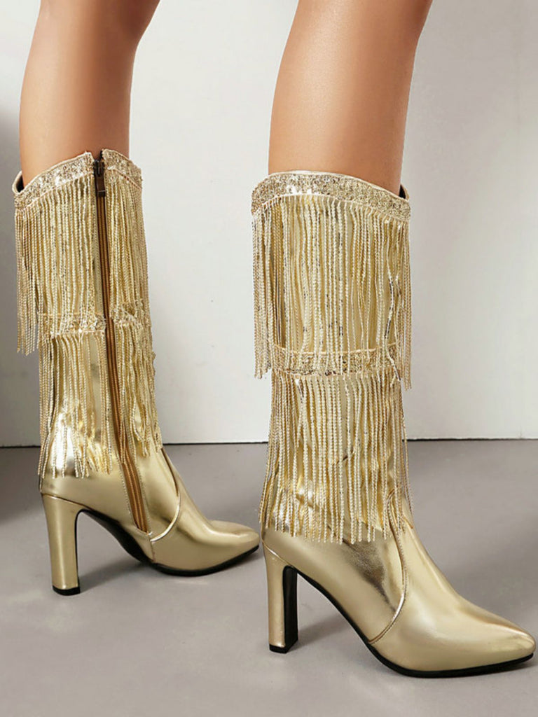 Metallic Pointed-toe Fringe Block-heel High Boots