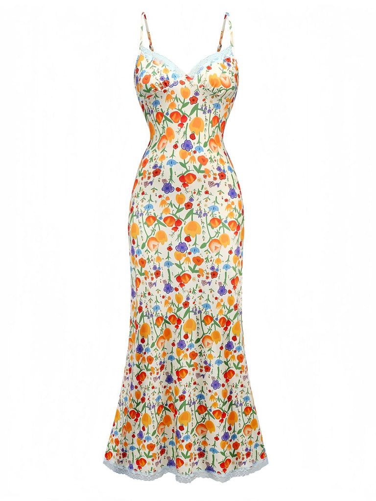 1930s Spaghetti Strap Floral Lace Backless Dress
