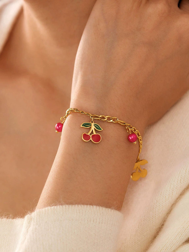 Red Cherry Gold Chain Bracelet