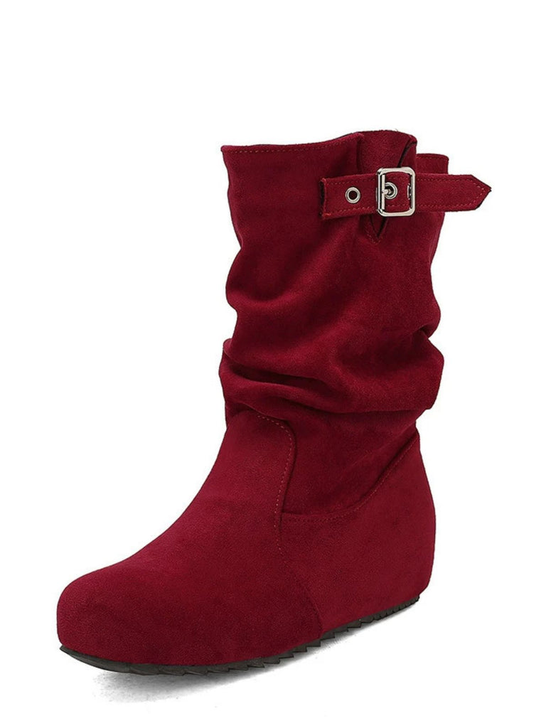 Suede Wedge Buckle Detail Boots