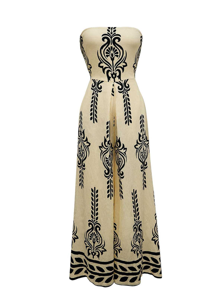 1970s Strapless Boho Tribal Printed Wide-Leg Jumpsuit