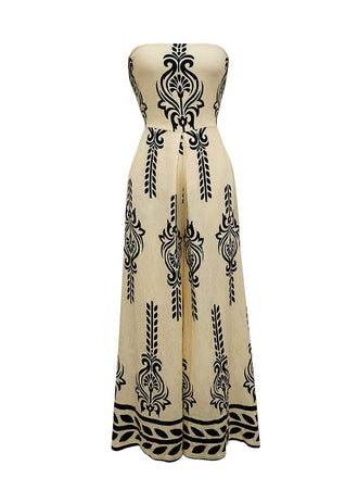 1970s Strapless Boho Tribal Printed Wide-Leg Jumpsuit