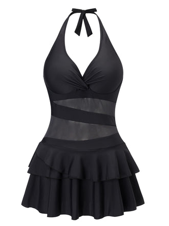 Black 1940s Layered Hem Halter Swimdress