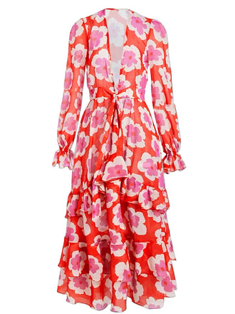 Red 1970s Ruffles Floral Cover-Up Dress