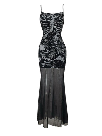 Black 1970s Slip Gothic Skeleton Print Mesh Dress