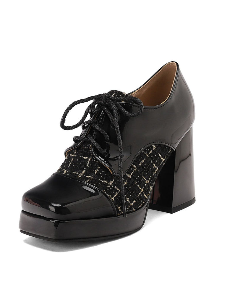 Mary Jane Plaid Square Toe Block Heel Shoes