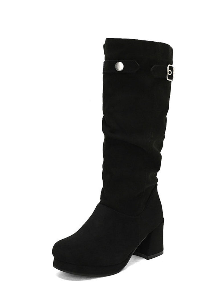 Suede Slouch Block Heel Mid Boots