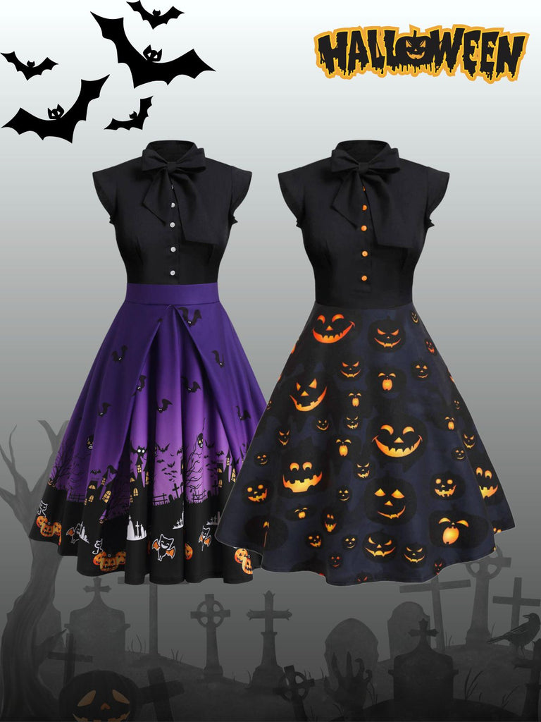 Purple 1950s Halloween Patchwork Dress