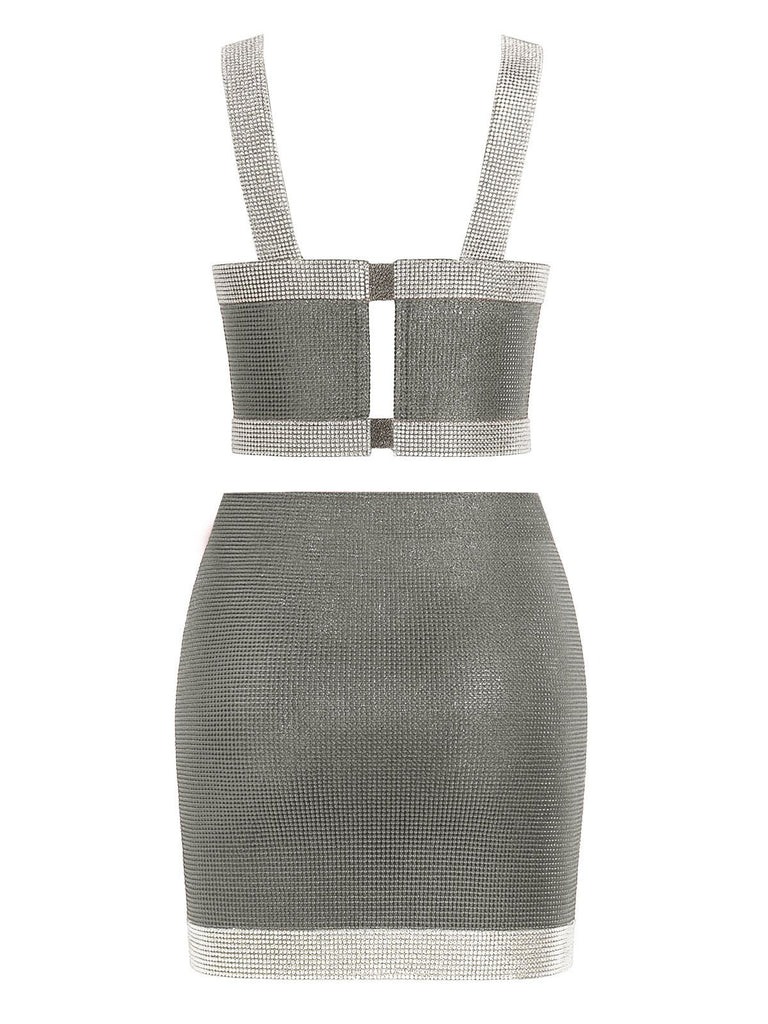 2PCS 1980s Metallic Cross Neck Top & Skirt