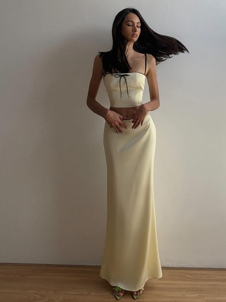 2PCS Yellow 1930s Spaghetti Straps Bow Top & Skirt
