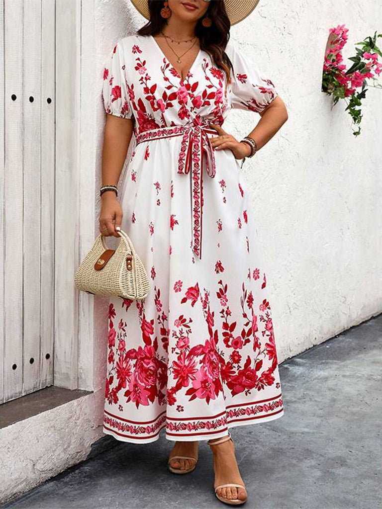 [Plus Size] White 1950s Floral Wrap V-Neck Belt Dress