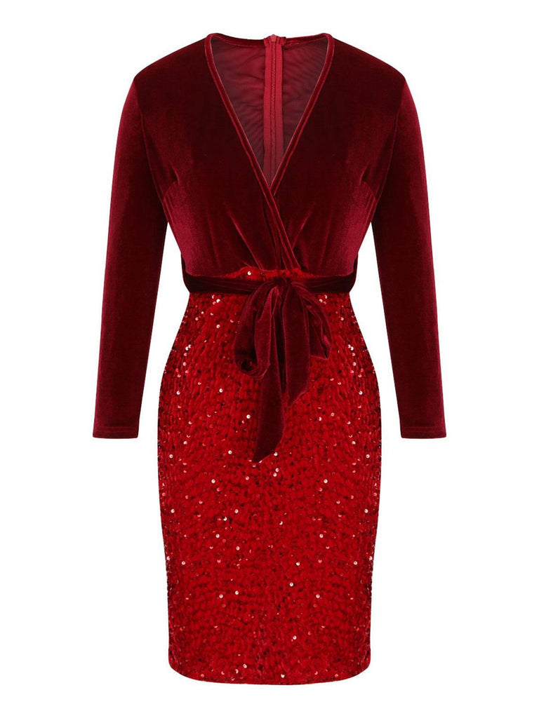 Red 1960s Velvet Sequined Patchwork Pencil Dress