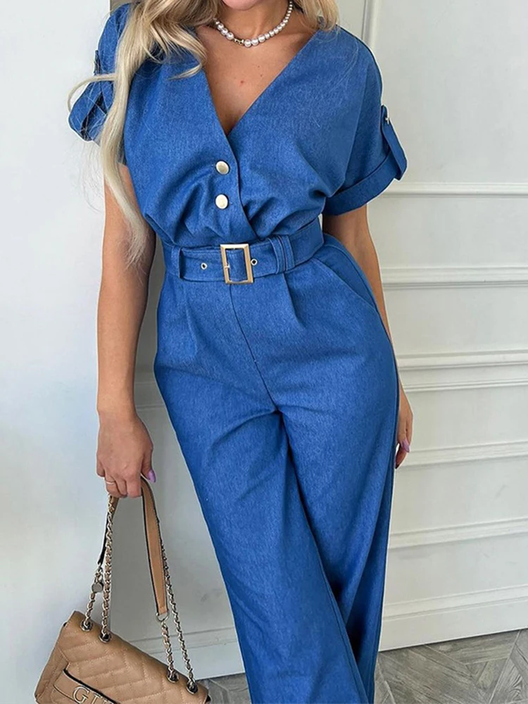 Blue 1970s V-Neck Solid Jumpsuit