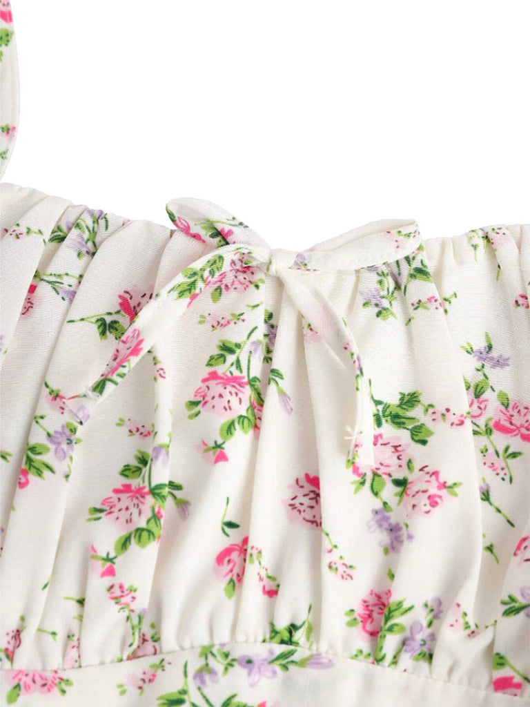 White 1950s Spaghetti Strap Floral A-Line Dress