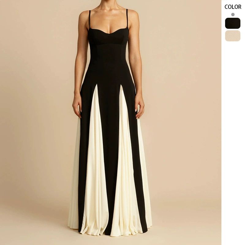 Black & White 1930s Solid Patchwork Maxi Dress