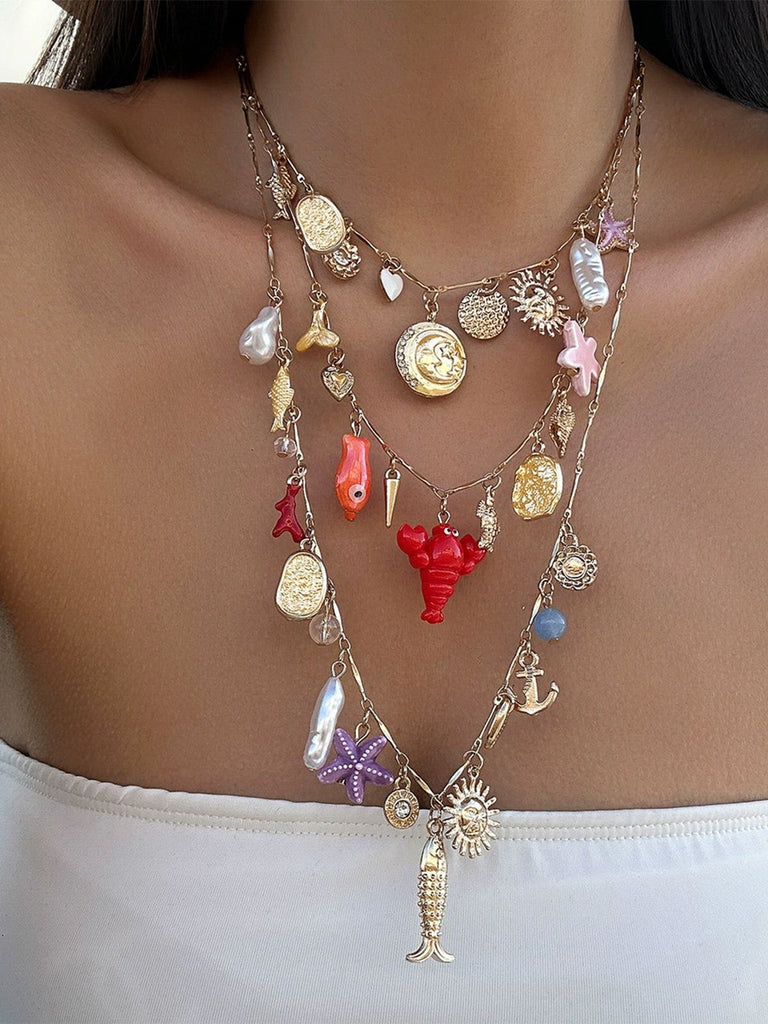 3PCS Layered Beach Charm Necklace Set