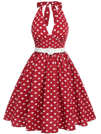 [Plus Size] Red 1950s Polka Dot Halter Dress