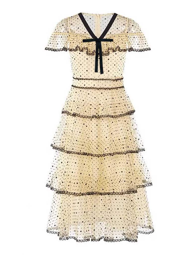 1950s Polka Dots Bow Mesh Tiered Dress