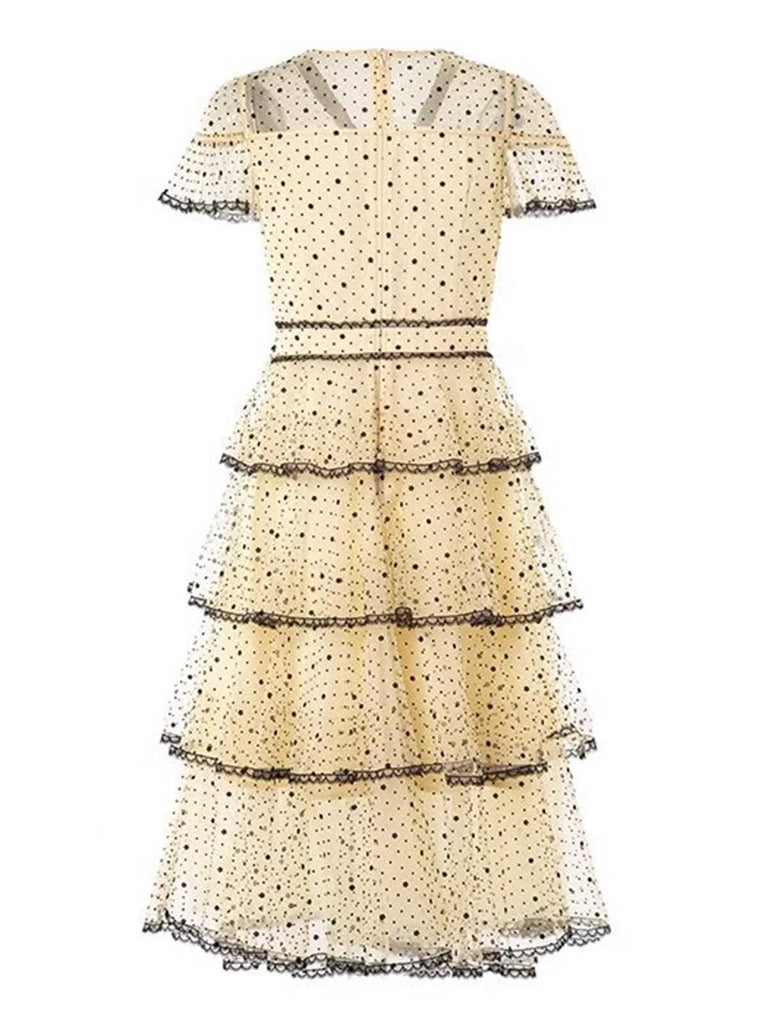 1950s Polka Dots Bow Mesh Tiered Dress