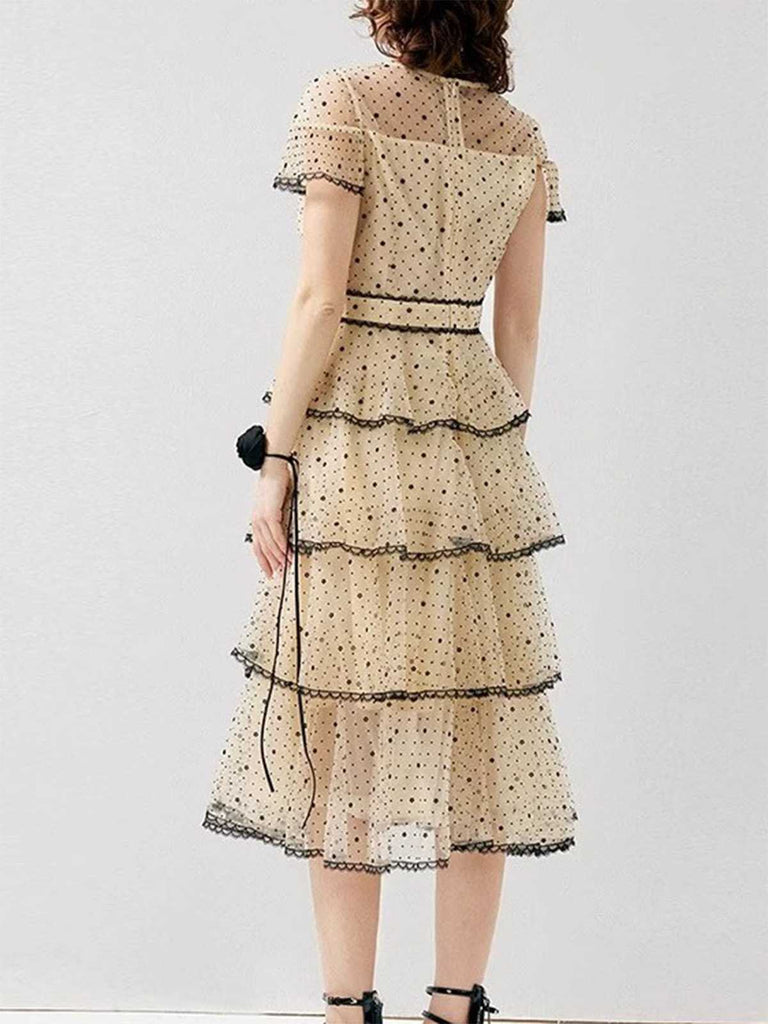 1950s Polka Dots Bow Mesh Tiered Dress