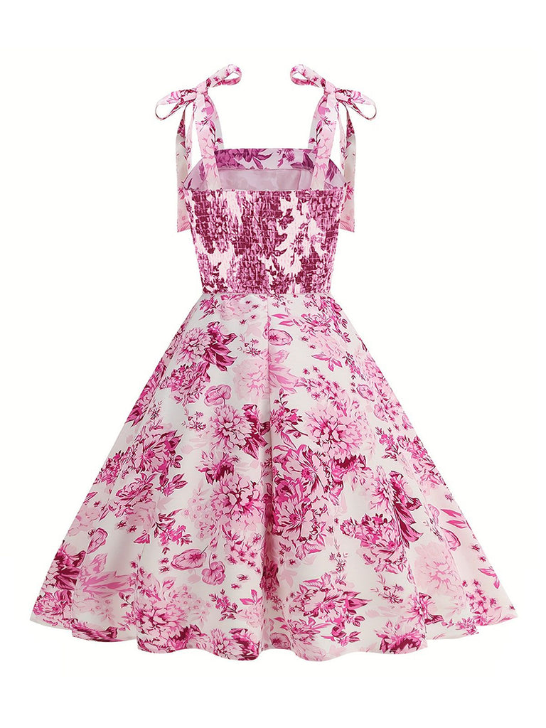 Pink 1950s Floral Lace-Up Swing Dress