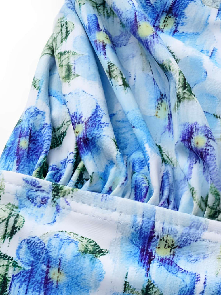 Blue 1930s Halter Floral Print 3D Rose Swimsuit