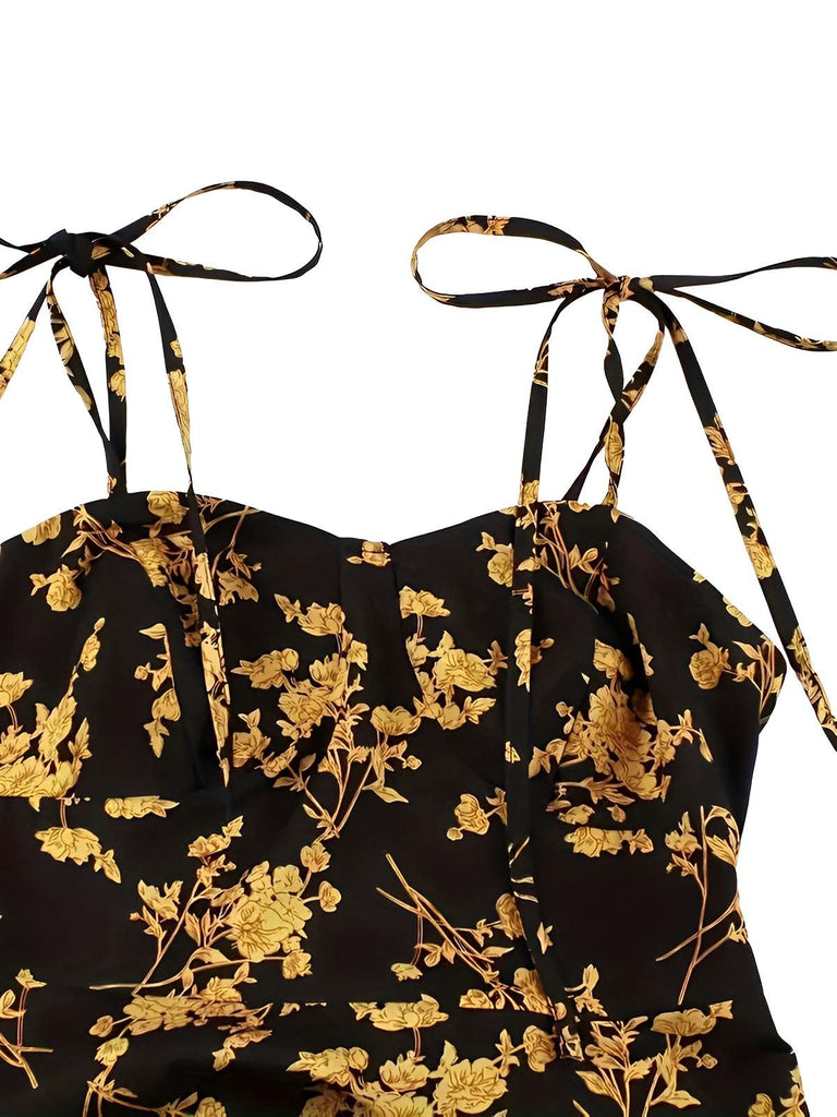 [Plus Size] Orange 1940s Ditsy Floral Spaghetti Strap Lace-Up Dress