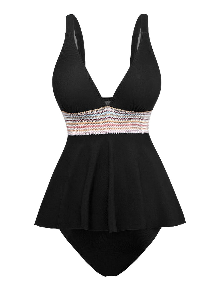 2PCS 1940s Solid Boho Ruffled Skirt Swimsuit