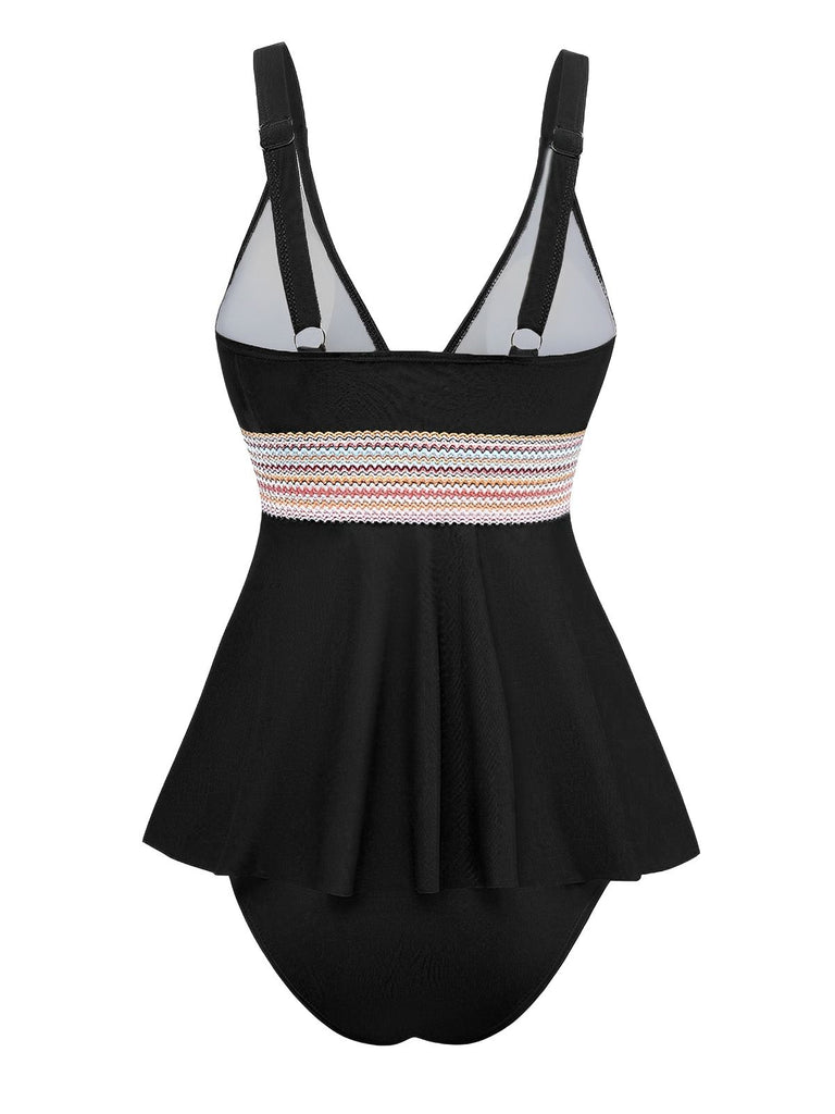 2PCS 1940s Solid Boho Ruffled Skirt Swimsuit