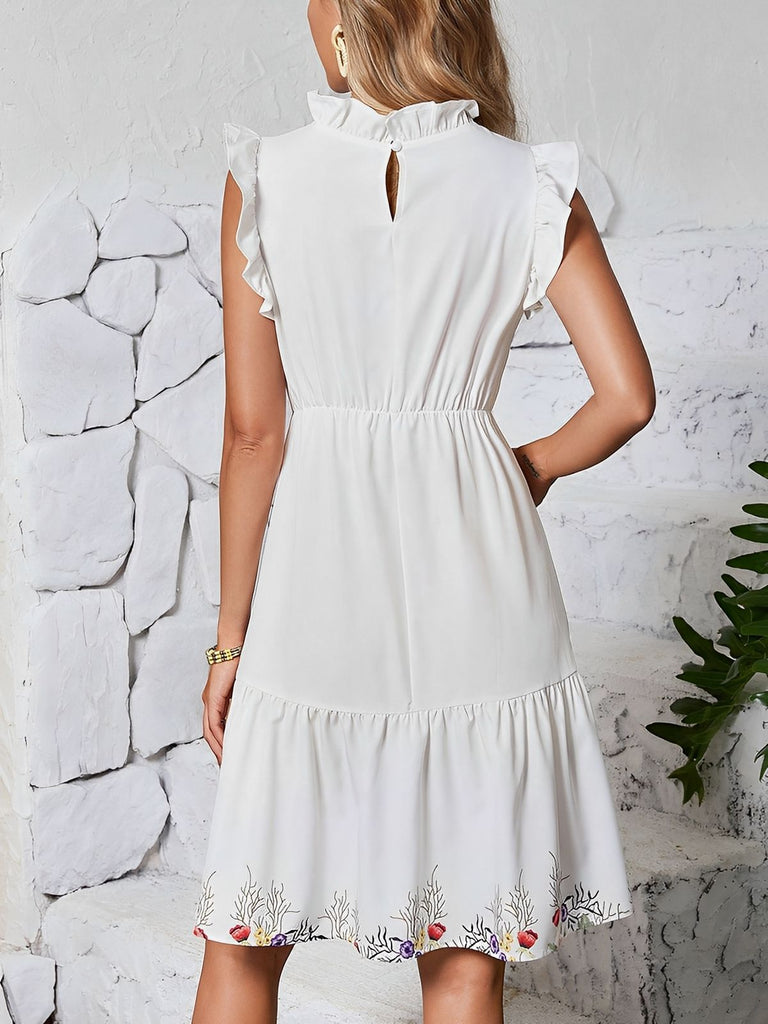 White 1940s Floral Ruffled Sleeveless Dress