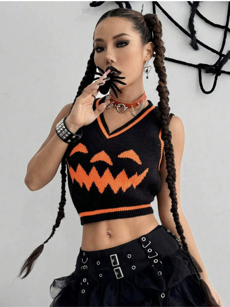 Black 1970s Halloween Pumpkin Face Sweater Vest