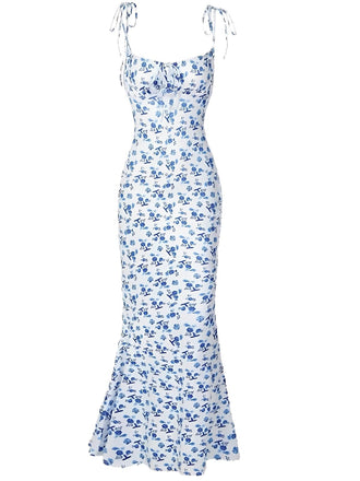 Blue 1930s Ditsy Floral Spaghetti Strap Fishtail Dress