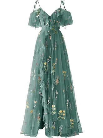 1970s Slip Floral Embroidered Mesh Slit Dress
