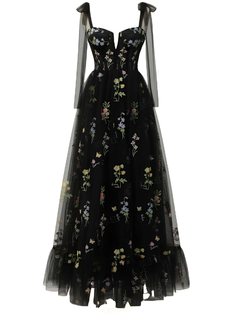 Black 1930s Slip Embroidered Floral Mesh Maxi Dress