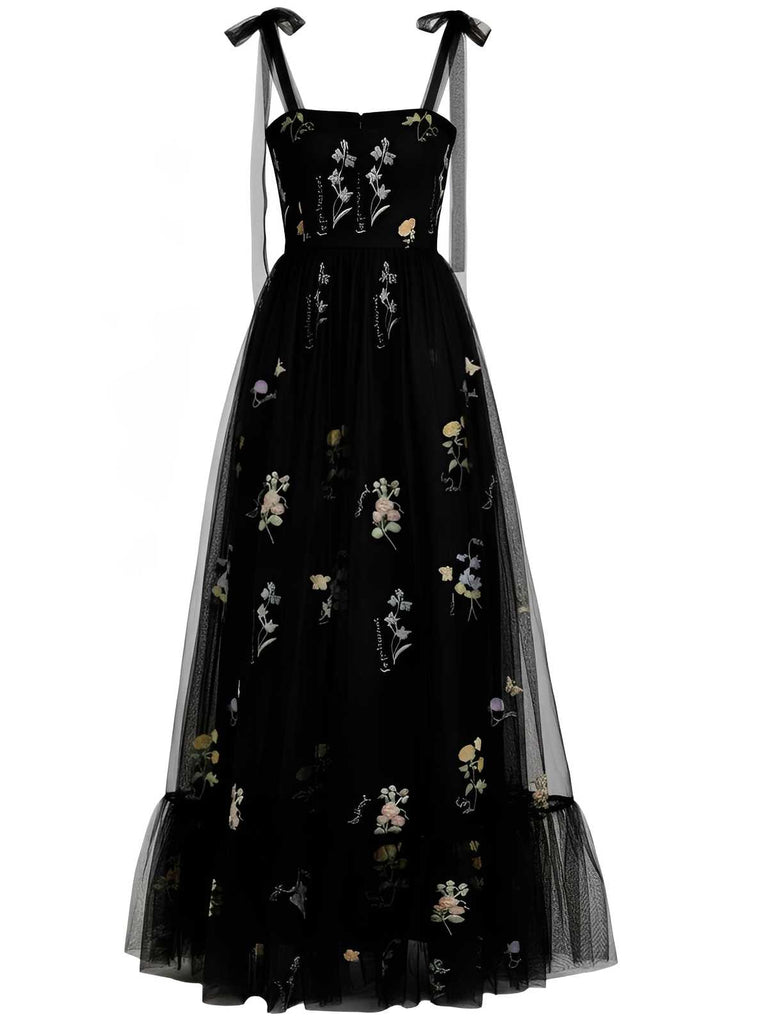 Black 1930s Slip Embroidered Floral Mesh Maxi Dress