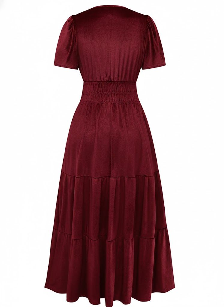 1930s Velvet Solid Short Sleeve Maxi Dress
