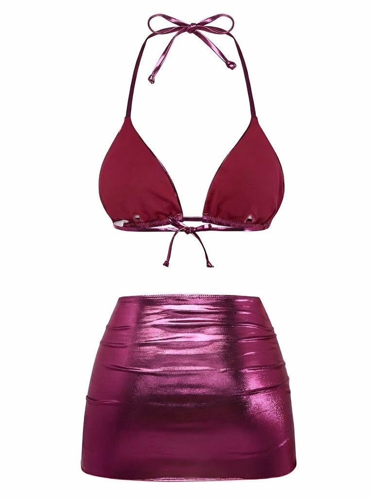 1970s Solid Halter Metallic Bikini Set