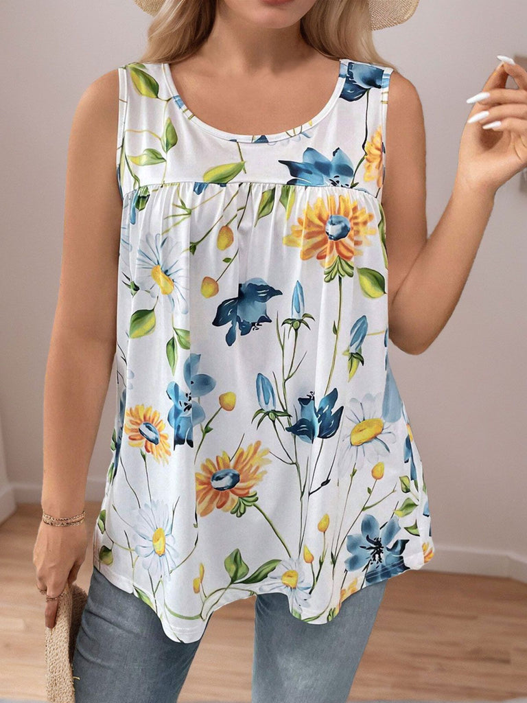 [Plus Size] White 1960s Round Neck Floral Babydoll Tank Top
