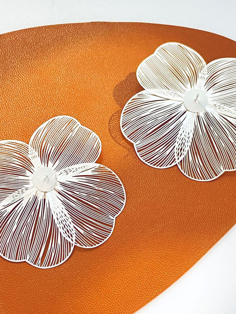 Silver Hollow 3D Floral Pearl Earrings