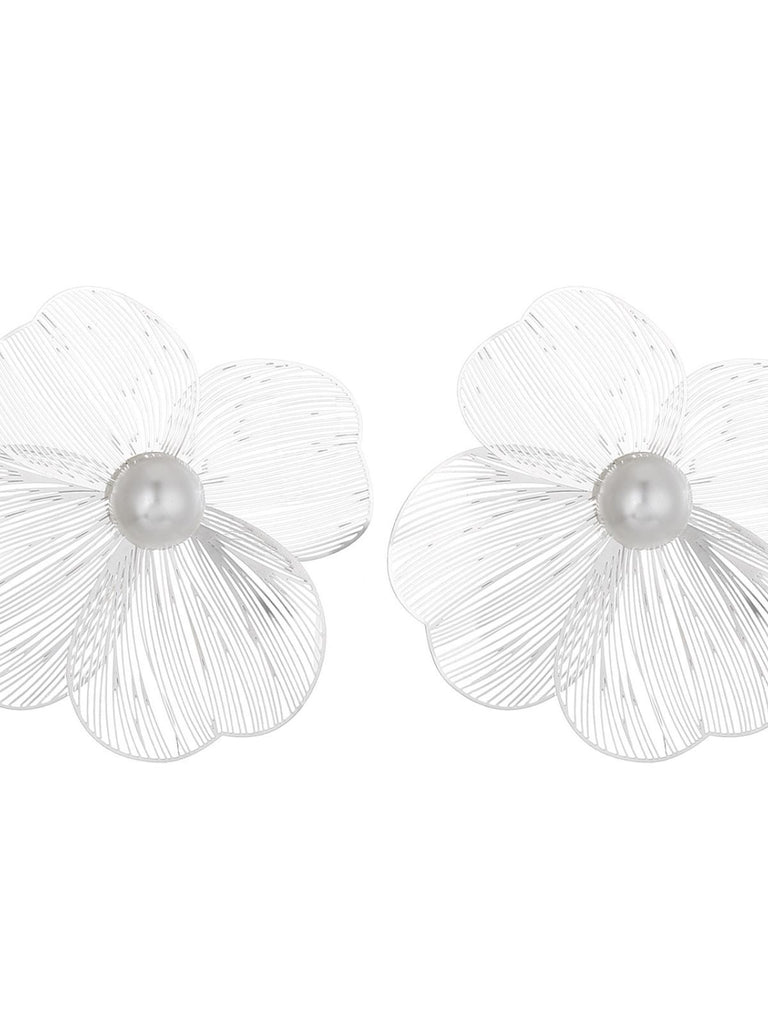Silver Hollow 3D Floral Pearl Earrings