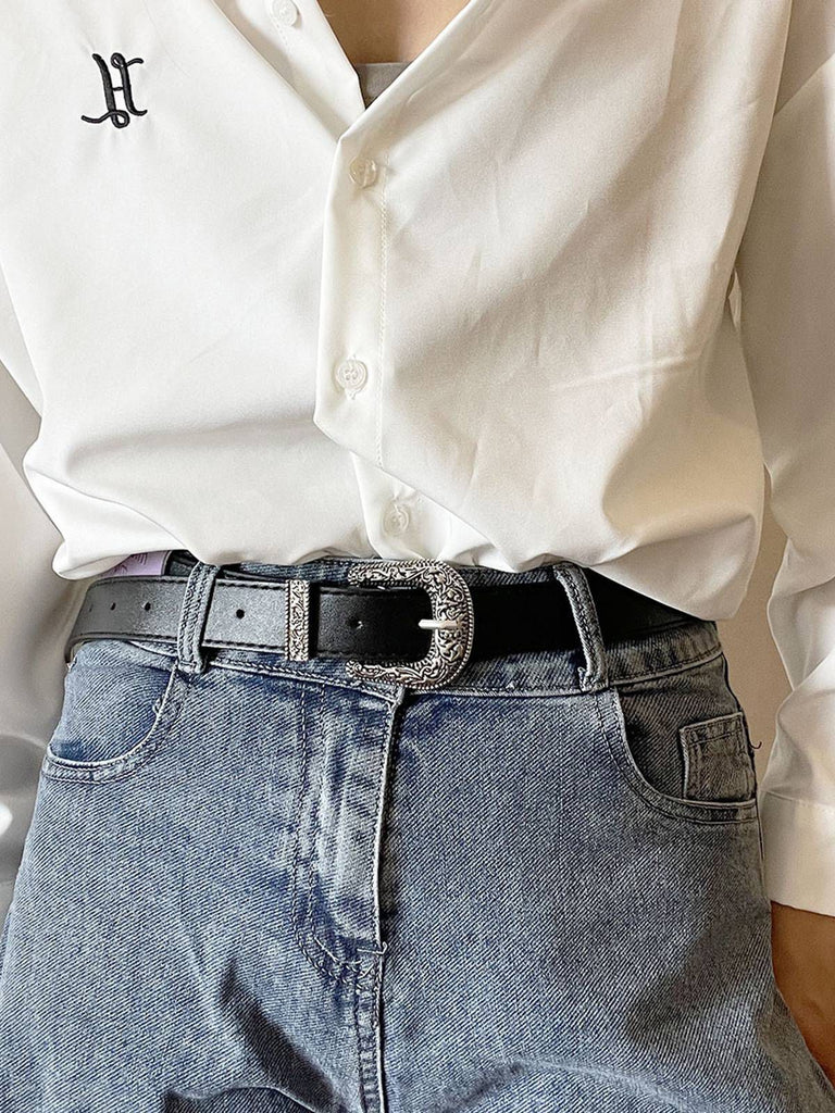 Black Solid  PU Leather Metallic Buckle Belt