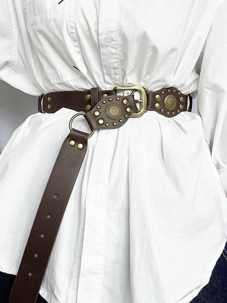 Brown PU Leather Wide Belt With Metal Ring