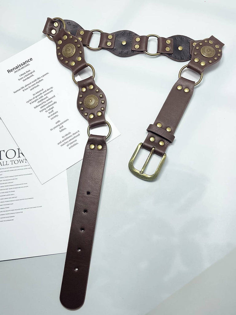 Brown PU Leather Wide Belt With Metal Ring