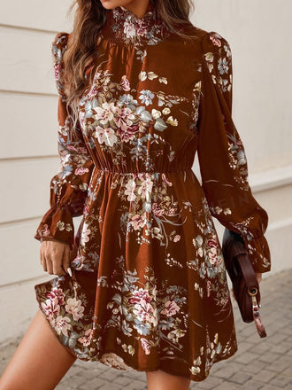 1970s Smocked Mock Neck Boho Floral Dress