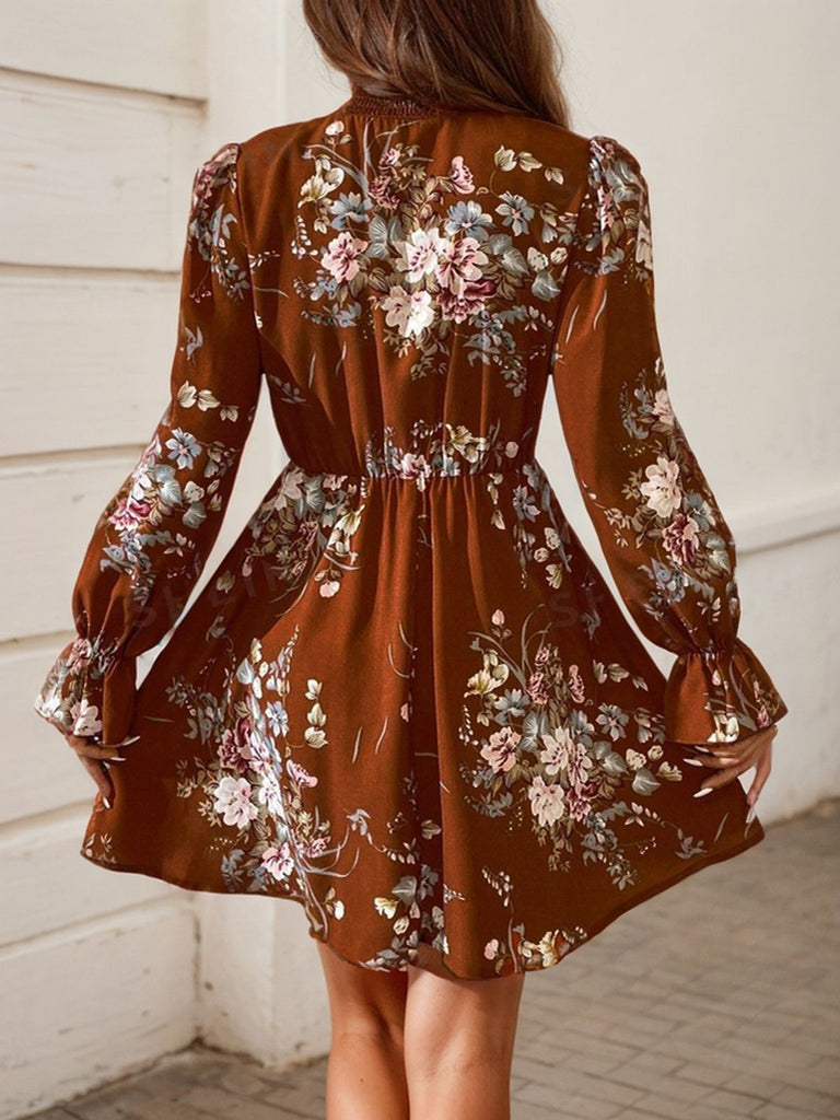 1970s Smocked Mock Neck Boho Floral Dress