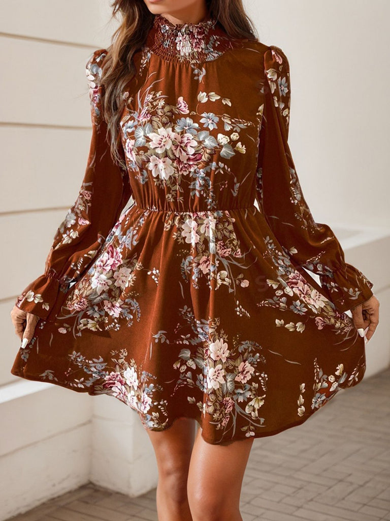 1970s Smocked Mock Neck Boho Floral Dress