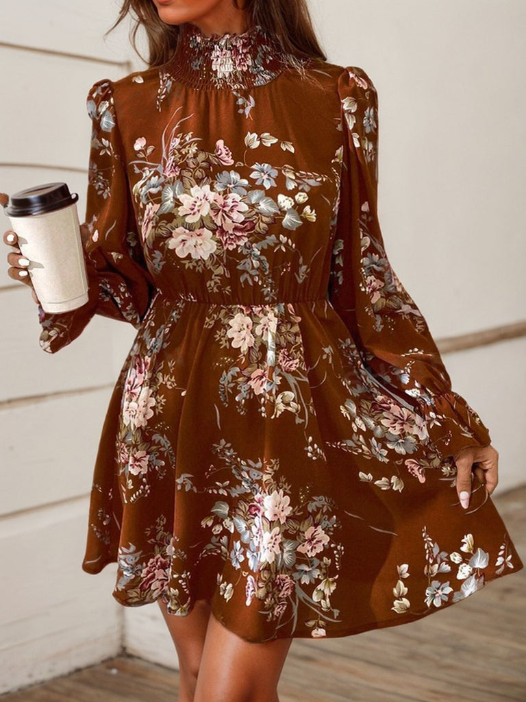 1970s Smocked Mock Neck Boho Floral Dress