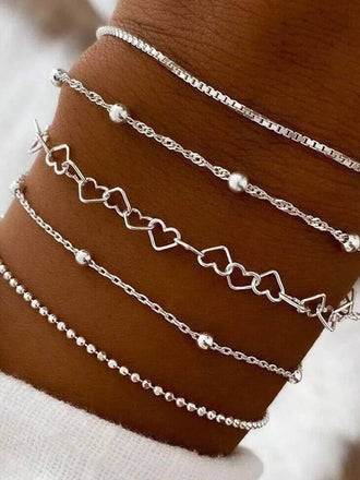 5PCS Silver Heart-Shaped Bracelet
